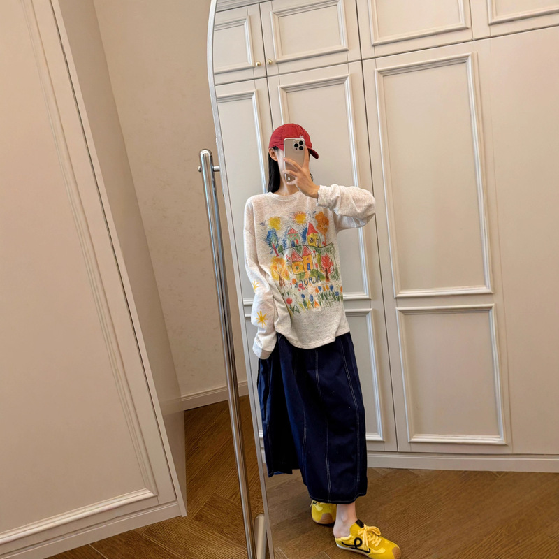 bh6062秋季女士韩版手工彩绘涂鸦罩衫复古彩色宽松慵懒风长袖衫|undefined