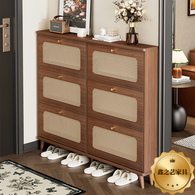Rattan Solid Wood Shoe Cabinet for Home Entrance 2025 New Mid-Century Style Entrance Cabinet Walnut Color Flip Narrow Shoe Rack