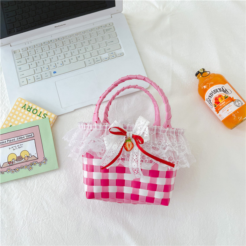 Al por mayor pastoral cesta de verduras niña los niños dibujos animados conejo fresco color tejido bolso la muchacha