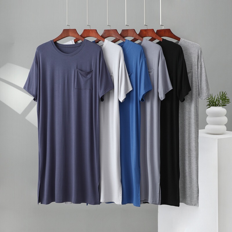 Modal Men's Nightgown Summer Thin Simple Short-Sleeved T-Shirt Nightgown Robe Casual Loose Large Size Home Clothes