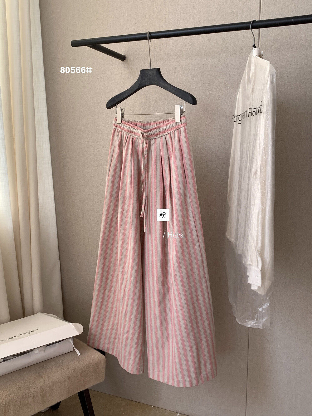 Quần culottes nữ ống rộng cạp cao sọc kẻ dáng dài suông rộng phong cách thư giãn — màu hồng chi tiết 10