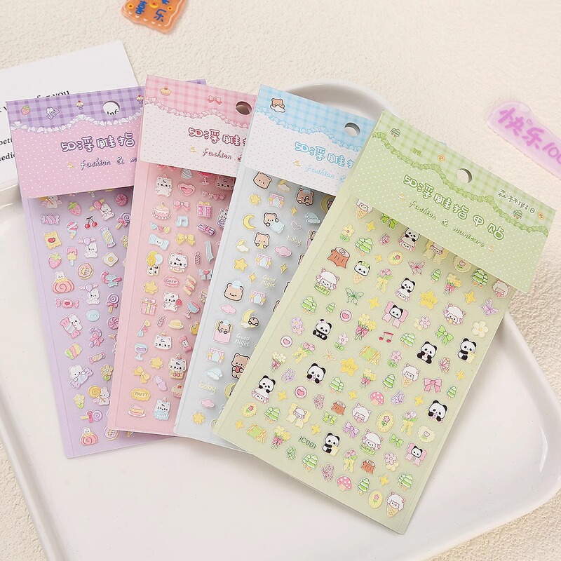 Luminous 5D Embossed Nail Stickers for Girls Cute Cartoon Stereo Stickers Waterproof Finger Stickers Kidsren's Nail Art Stickers