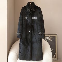 少量の服2025海寧春の新型女性式立襟ウサギ毛皮一体膝を越えた長い真皮草コート