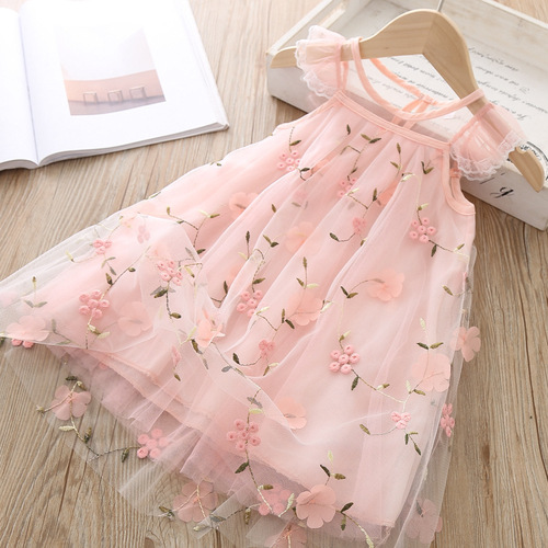 474 Summer Korean Version Girls Embroidered Lace Net Dress for Baby Girls Super Stylish Gown Princess Dress