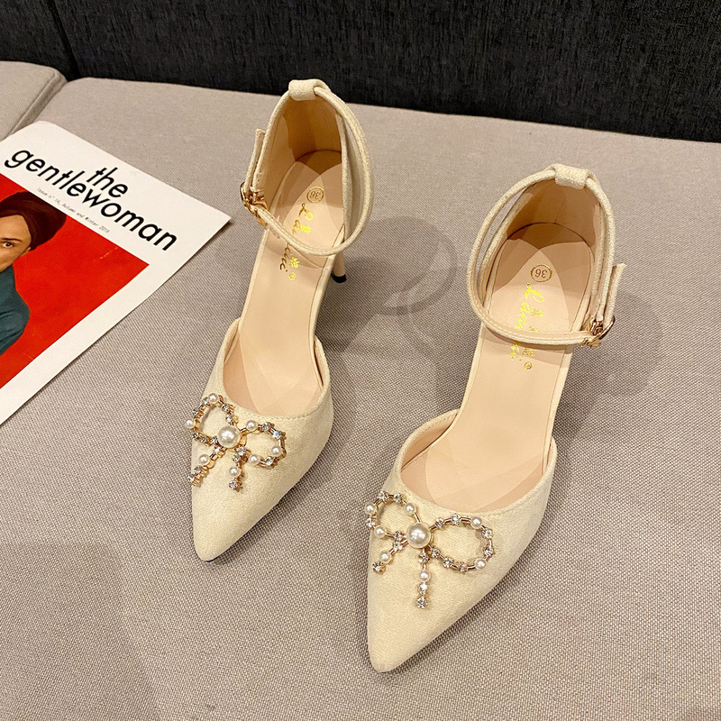 Small Size 31-33 Large Size 41-43 Thin Heel Suede Pointed Toe Buckle with Hollow High Heel Buckle Sandals for Women