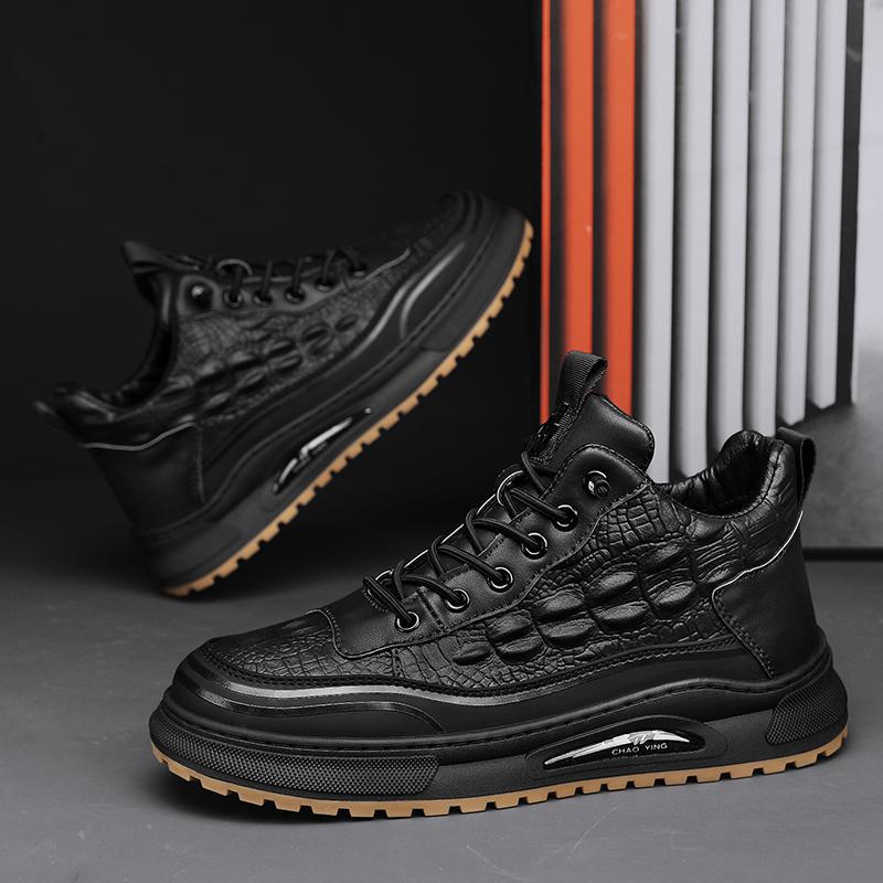 跨境2023中帮秋冬新款鳄鱼纹高帮男鞋户外运动休闲鞋黑色爸爸鞋