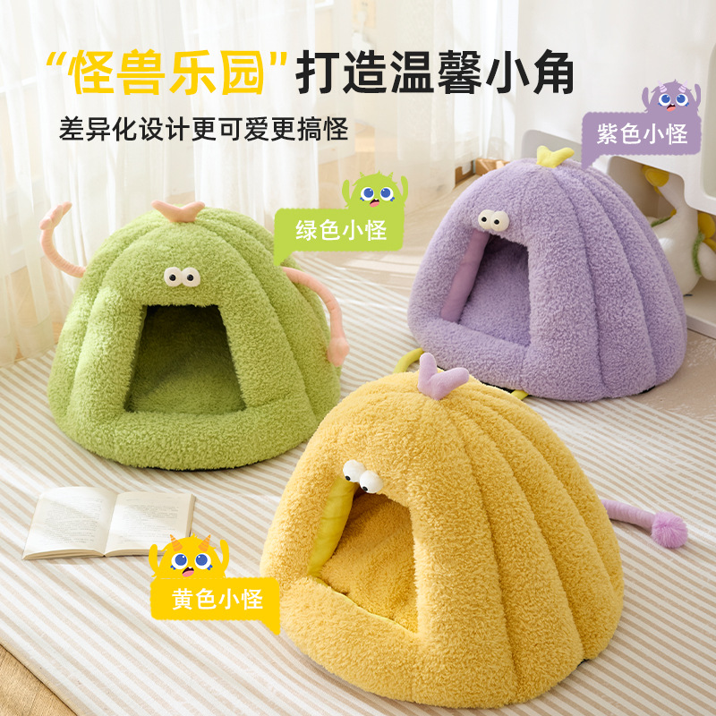 Nueva perrera para perros invierno cálido semi-cerrado nido para gatos almohadilla otoño e invierno pequeño monstruo en forma de gato suministros para mascotas al por mayor