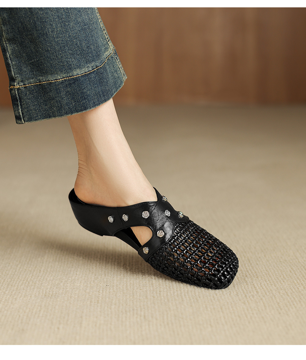 Dép sandal nữ quai chữ V phong cách vintage, mũi kín, đế xuồng thoải mái — đen chi tiết 8