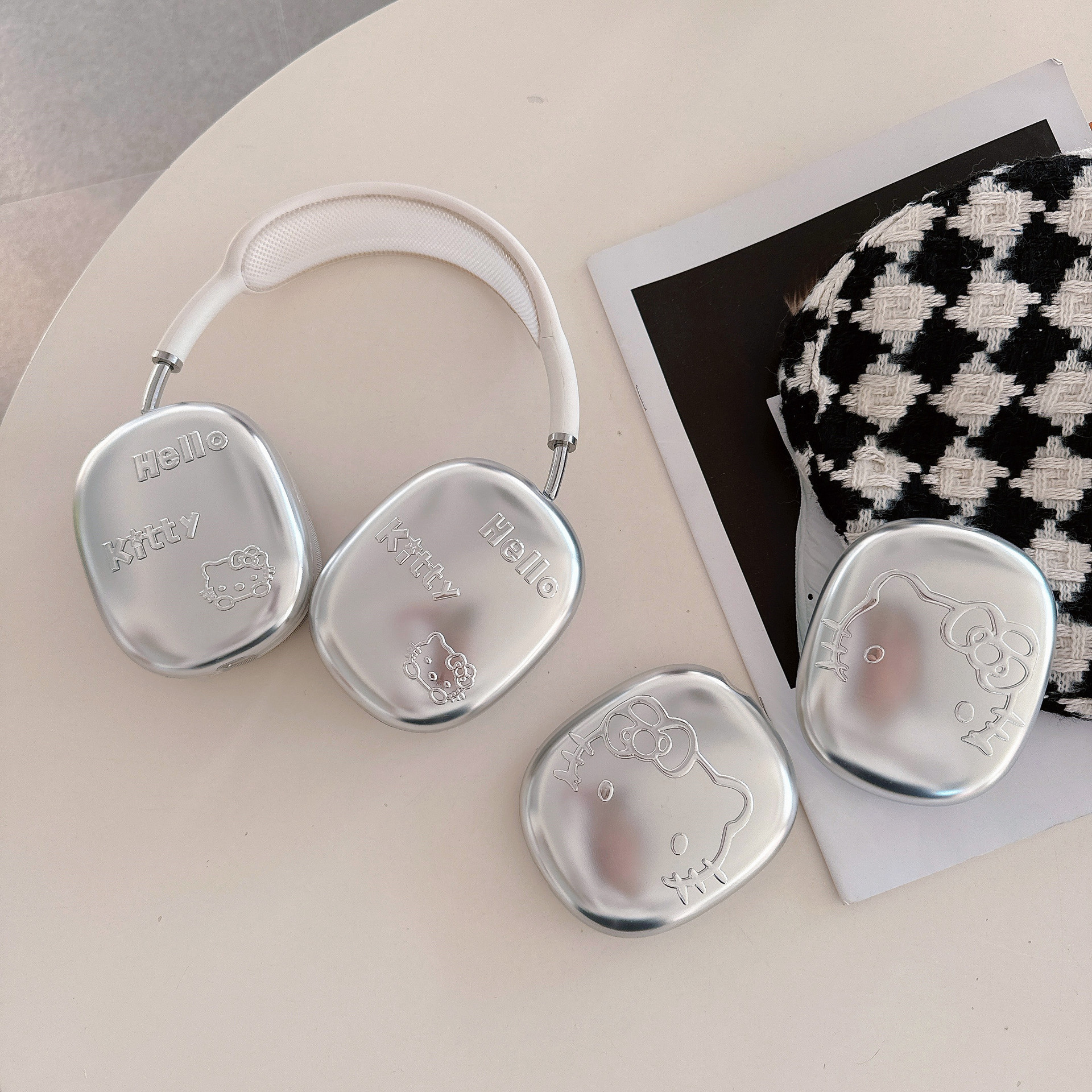 Electroplated Silver Three-Dimensional Cat airpodsmax Protective Case Apple Headset Ear Cap Ear Mover Earphone Case