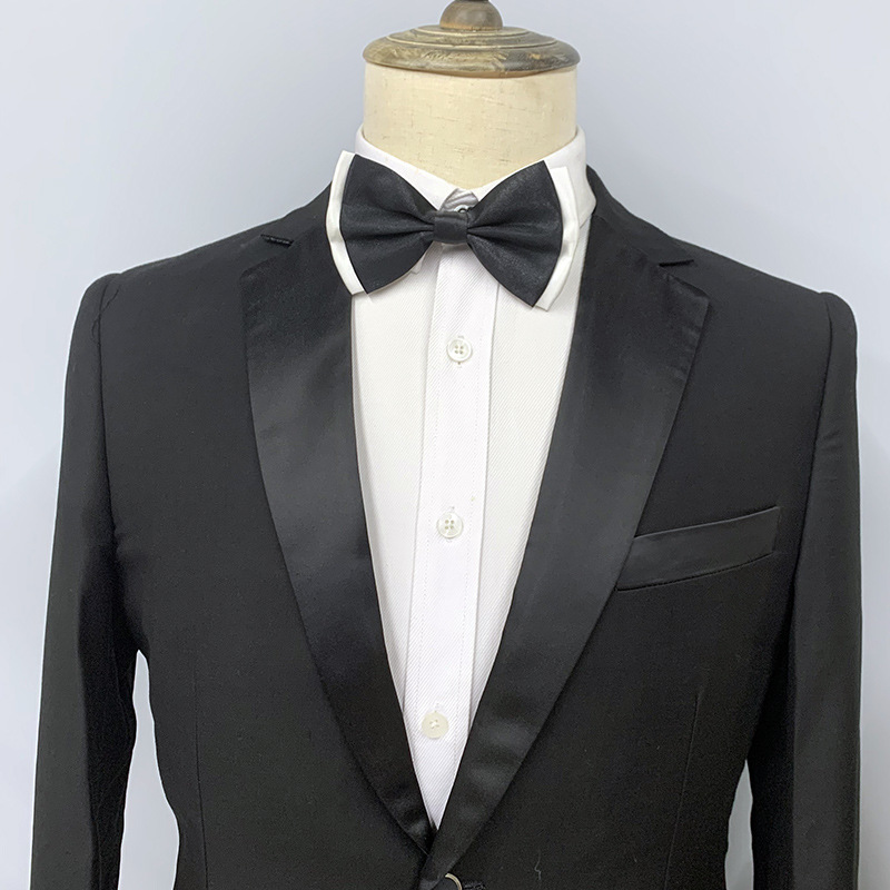 Men's Clothing Business Casual Satin Style Two Piece Suit Black Two Button Skinny_viptrois.com