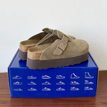 7厘米牛皮勃肯鞋真皮包头拖鞋外穿松糕厚底增高复古一脚蹬博肯鞋