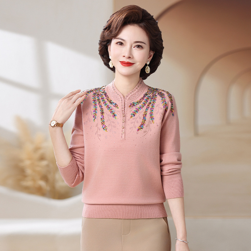 洋气妈妈装绣花毛衣中年妇女秋冬装保暖上衣中老年打底衫风衣，女装针织衫/毛衣，妃慕昵服饰