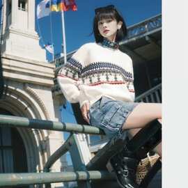 马海毛套头女针织衫上衣港系复古软糯奶fufu细腻肌理感百搭毛衣潮