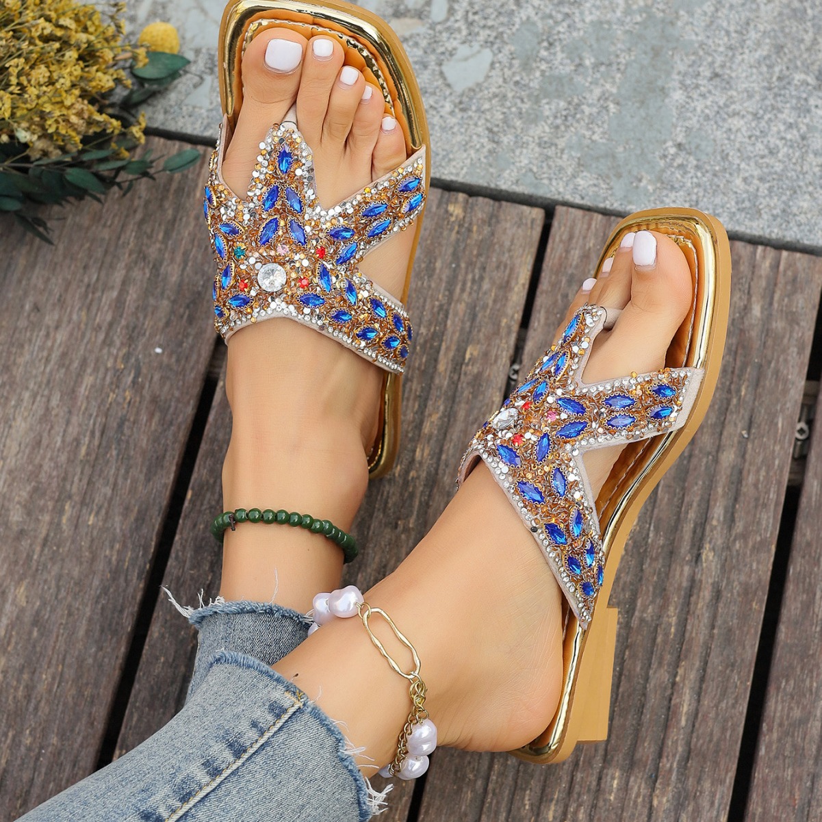 Klapki w stylu boho z ozdobami z diamentów, płaskie, płaskie, z noskiem typu clip nosek, sandały w dużych rozmiarach_voghion.com