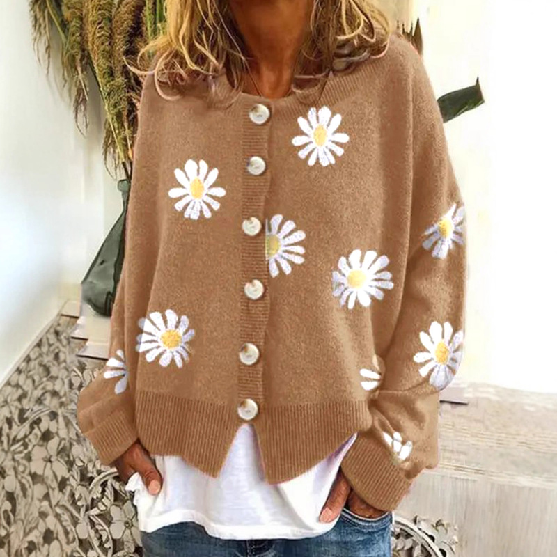 Autumn and Winter Women's Fashion Elegant Temperament Casual Plaid Chrysanthemum Pattern Round Neck Sweater Button Knitted Cardigan