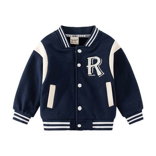 Autumn and winter casual boys' jackets, trendy velvet round-neck baseball uniforms, letter long-sleeved contrast striped warm jackets