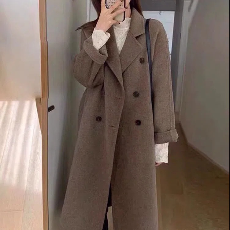 秋冬季新款韩系复古双排扣毛呢外套中长款呢子宽松高级感大衣女