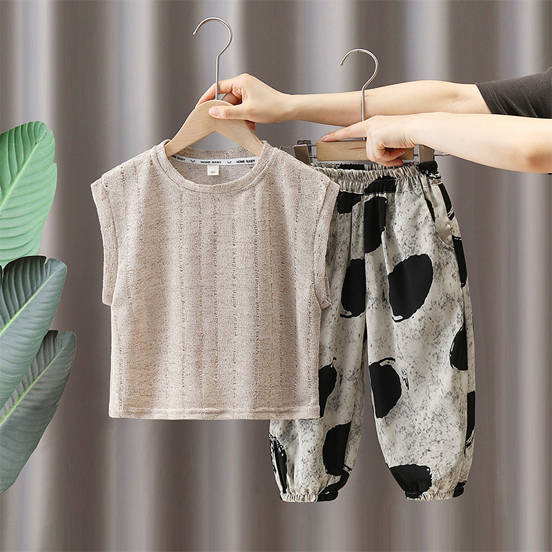 5717 traje de verano para niños 2025 nuevo chaleco hueco sin mangas para niños pantalones anti-mosquitos de verano para niños de dos piezas