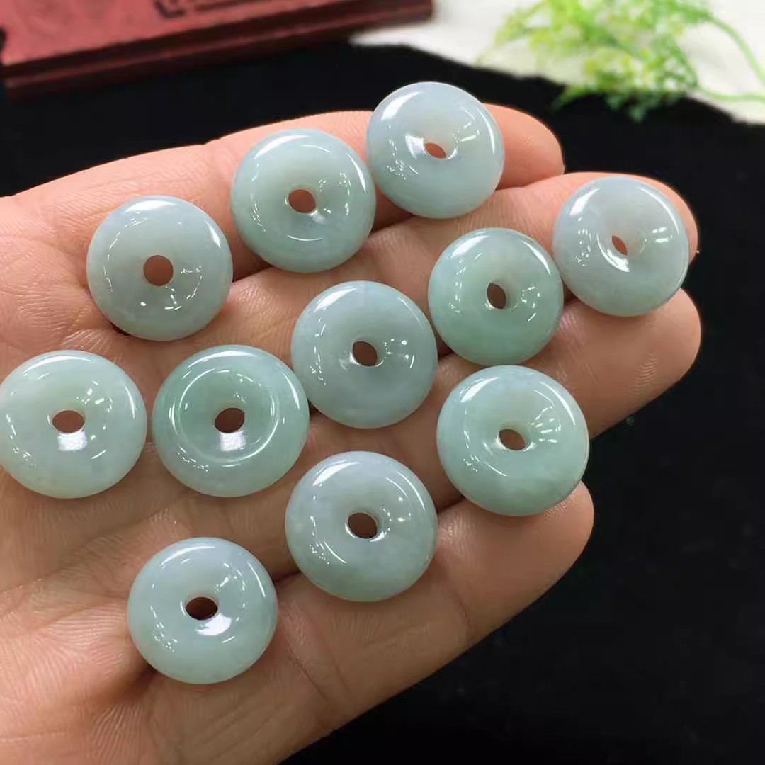 天然翡翠A货平安扣手链项链散珠DIY算盘珠翡翠加厚面包扣15mm玉扣