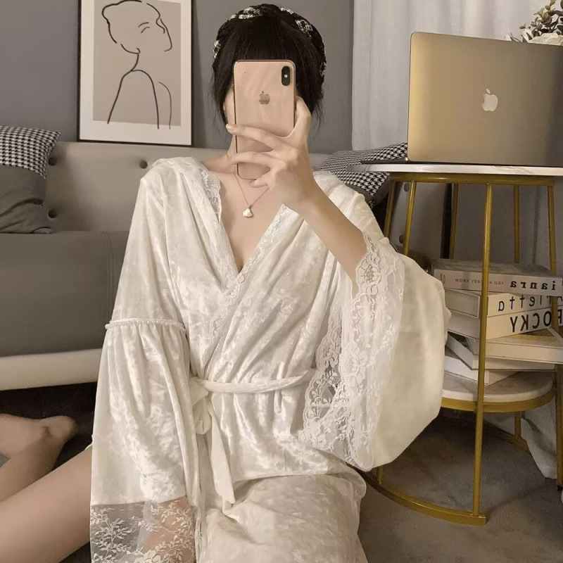 Women's Pajamas, Spring and Winter Style Nightgown, Fashionable Bathrobe, Lace Pure Desire Palace Style Home Wear, Long Plus Size Bridal Dressing Gown
