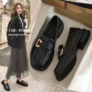 British Style Small Leather Shoes Women's 2025 New Autumn Metal Round Head Black Shoes Thick Heeled Single-layer Shoes Soft Bottom Loafers