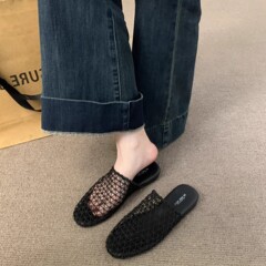 涼しい夏のメッシュ織り通気性のあるソフトソールつま先ハーフスリッパ女性用 2025 新しい多用途のアウターウェア網タイツサンダル