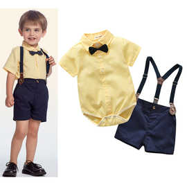 儿童短袖绅士哈衣男童夏装 婴儿包屁衣爬服童装 男背带裤两件套