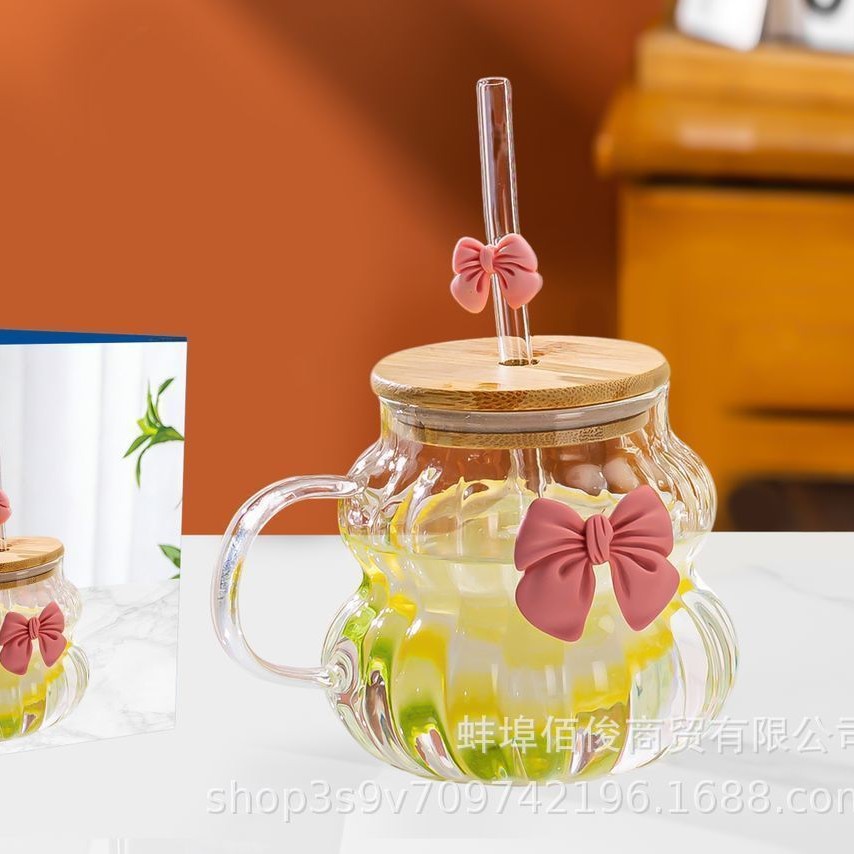 Taza de café de alto valor facial de vidrio transparente con mango de vidrio de alto silicio, taza de paja de hielo de bebidas americanas gordo