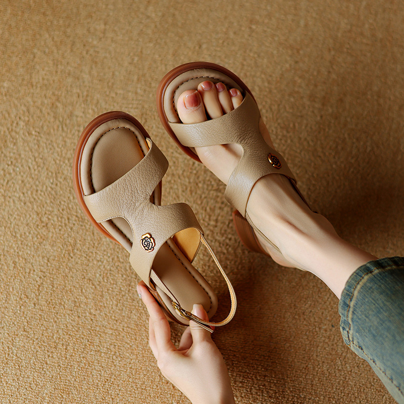 Sandal hở ngón da cừu gót thô đầu vuông quai ngang kiểu La Mã — Màu trắng be