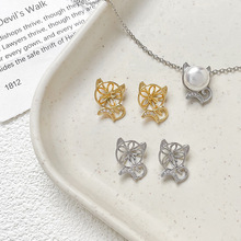 铜镀真金保色镶锆石猫咪珍珠托吊坠diy手作手链项链耳饰串珠配件