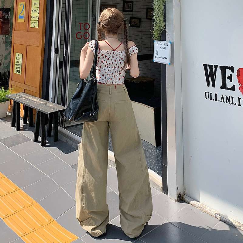 批发色美式复古牛仔裤女设计感拼接卡其色宽松阔腿直筒长裤|undefined