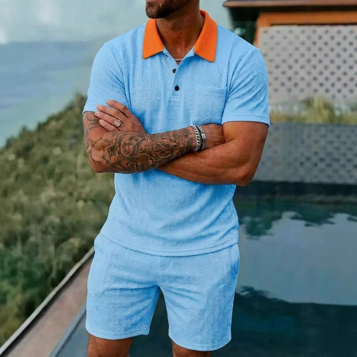 Men's Clothing Summer Fashion Breathable Color Blocked Pocket Short Sleeved Shirt Sports_viptrois.com