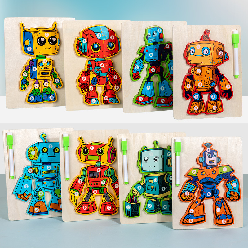 Juguetes de educación temprana de madera, rompecabezas de robots, tablero de dibujo, juguetes para niños, juguetes de rompecabezas de robots tridimensionales dos en uno