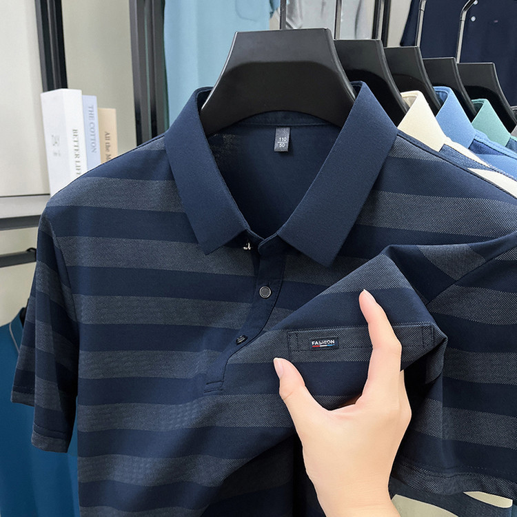 夏の新作メンズ半袖Tシャツ中年紳士本物のポケットストライプ半袖ラペルTシャツメンズ外国貿易|undefined