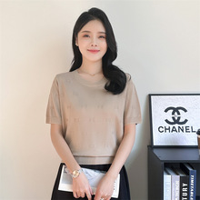 韩版夏季新款圆领套头时尚简约纯色针织蝴蝶结暗纹短袖T恤上衣女
