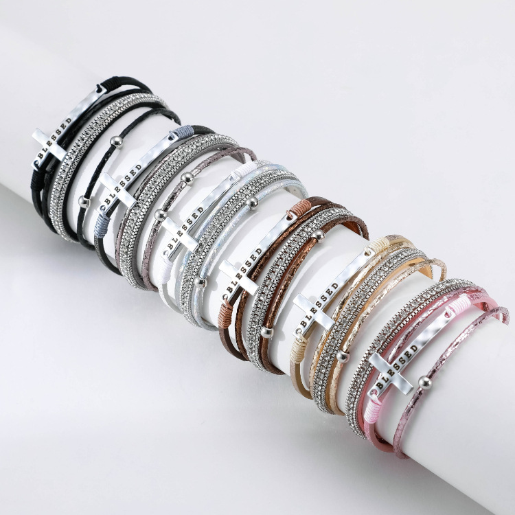 Fashion Cross Fine Diamond Leather Magnetic Buckle Multicolor Bracelet display picture 34