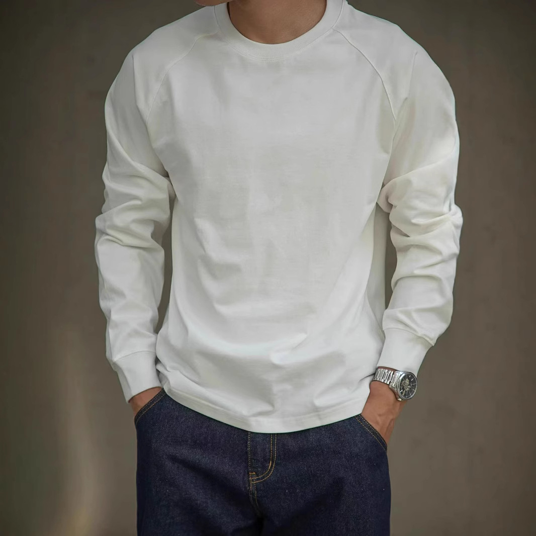 Tough Guy Kaji Camiseta de manga larga de algodón pesado para hombre con cuello redondo grueso 350G con camisa interior cálida e versátil