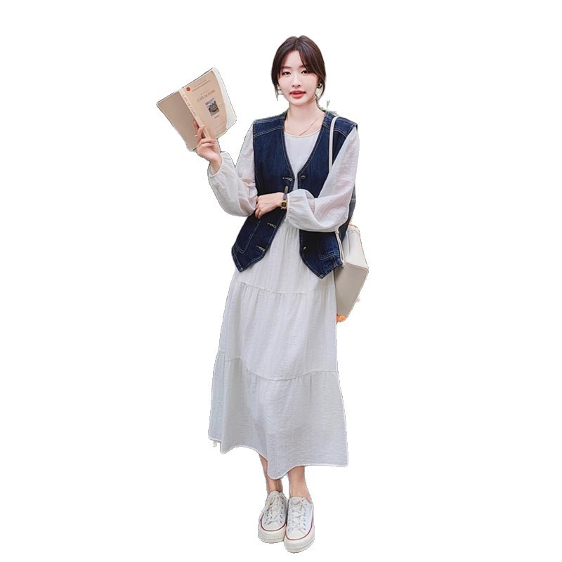 2025秋季新款韩版气质盐系炸街牛仔马甲套装女小众连衣裙子两件套|undefined