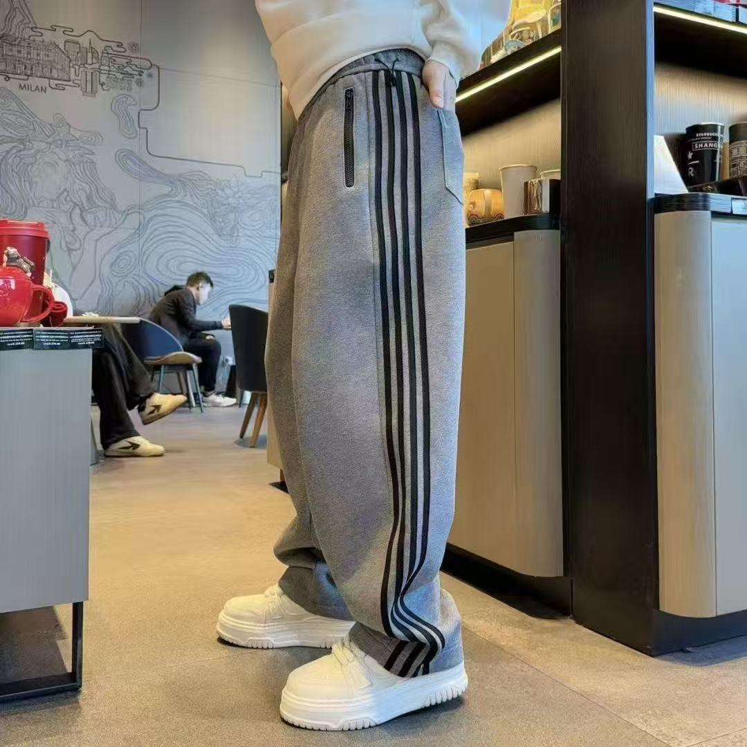 Men's Winter Straight Leg Pants 2025 Trendy Four Stripe Color Block Casual Sporty mid Waist Long Polyester Sweatpants_voghion.com