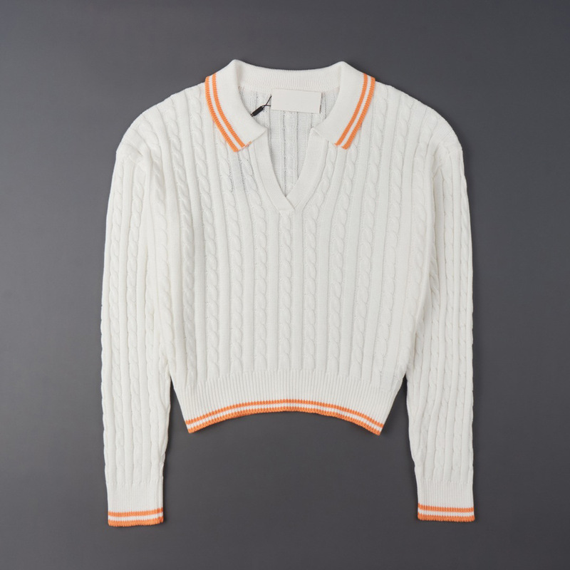 2026 American Single Embroidery Contrast Color Trim V-Neck Casual Drop Shoulder Long Sleeve Sweater 268-13