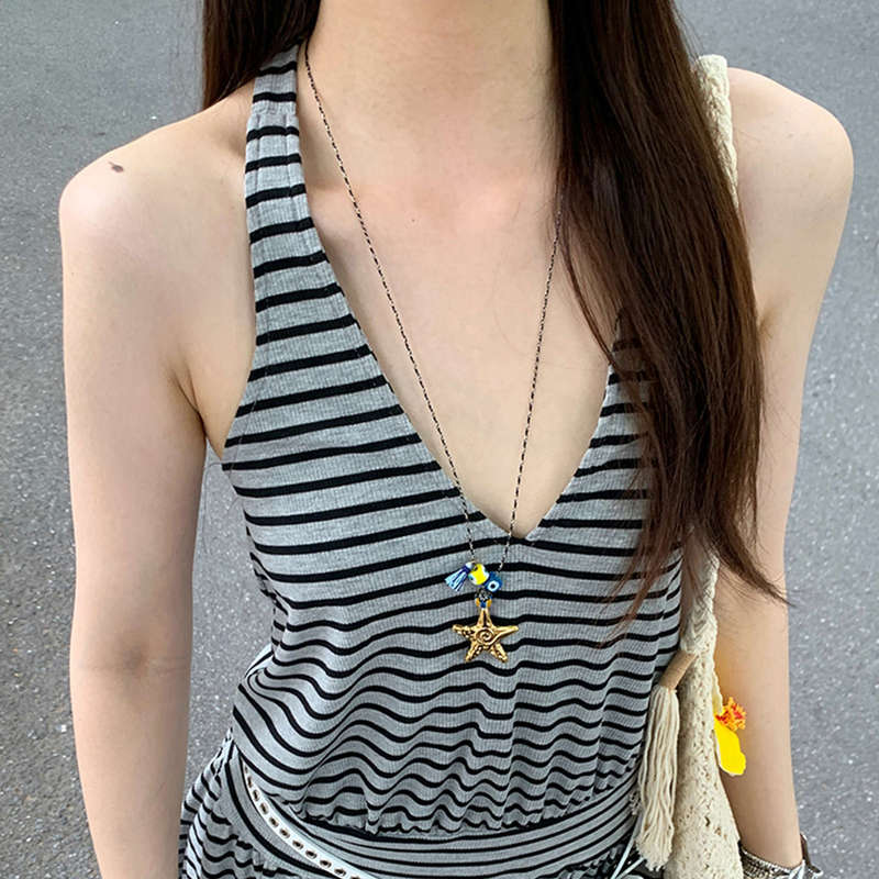 复古波西米亚风花朵海星吊坠项链女轻奢时尚叠戴锁骨链长款毛衣链|undefined