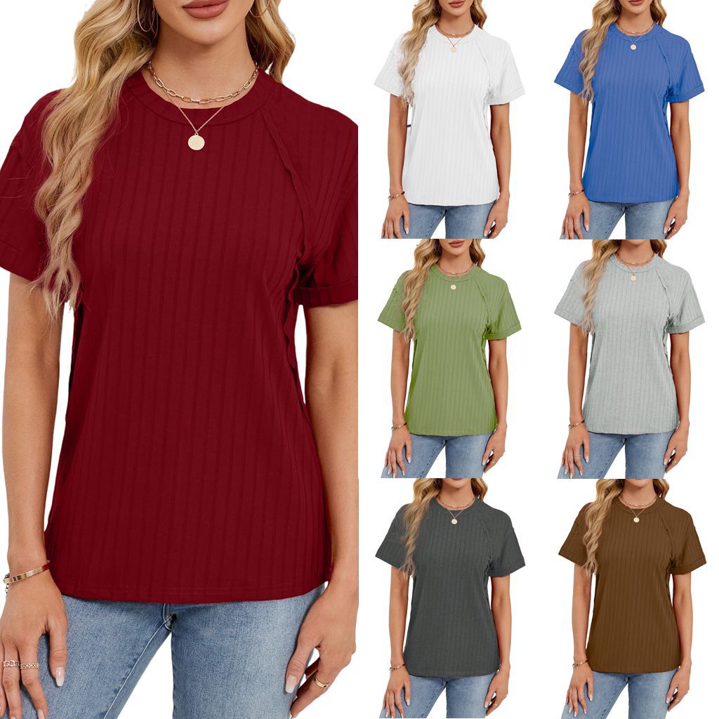 2025春夏跨境亚马逊独立站欧美女装T恤短袖圆领坑条上衣欧美风