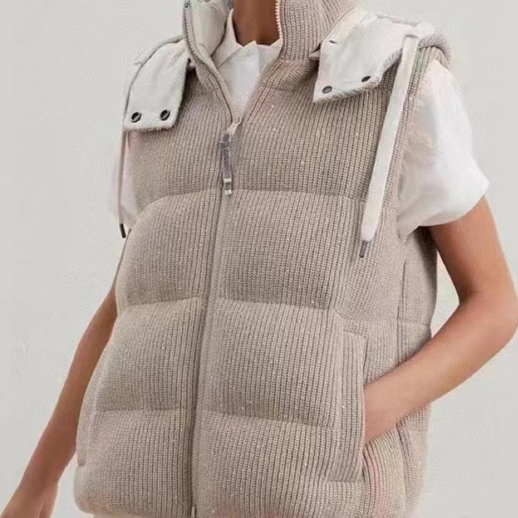 B*C 2025 가을 겨울 신상 후드 캐주얼 조끼 여성용 루즈 스팽글 캐시미어 니트 조끼 다운 재킷