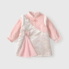 女童汉服连衣裙冬装加绒加厚女宝宝国风旗袍裙周岁礼服儿童公主裙