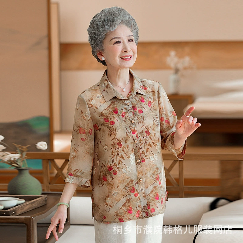 Женская одежда среднего и пожилого возраста, летняя рубашка с принтом бабушки, топ с половиной рукавов, весенне-осенняя рубашка для мамы, тонкая одежда для жены.
