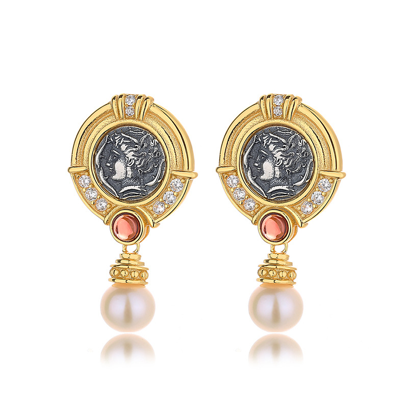 French Retro Gold Coin Fairy Embossed Pearl Earrings vintage Antique Ear Jewelry Elegant Artistic 925 Earrings