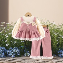 女童2025新款春季套装儿童圆领长袖上衣松紧花边裤洋气宝宝春秋装