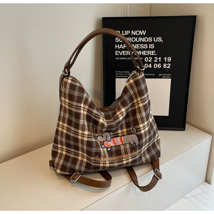 New Super Hot Large Capacity Women's Cute Sausage Dog Plaid Shoulder Autumn/Winter Versatile Fashion Simple Tote Bag_voghion.com