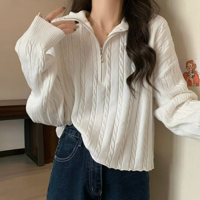 Maglione coreano a maniche lunghe con cerniera e scollo a V a mezza altezza, con fondo corto e piccolo, da donna, autunno_voghion.com