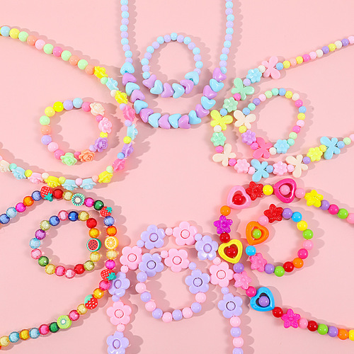 Children's Beaded Flower Bracelet, Colorful Acrylic Flower Necklace, Girl's Children Jewelry Set